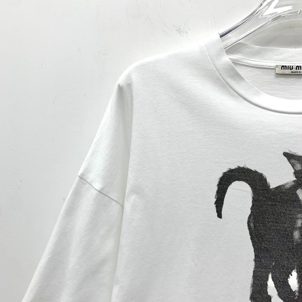 GW0522 Miu Miu White cat letter printed cotton round neck short-sleeved T-shirt - Picture 3 of 9